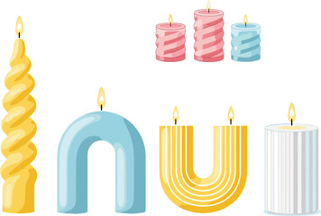 Decorative candle illustration set with spiral pillar arch and modern sculptural candles for cozy home decor flat vector