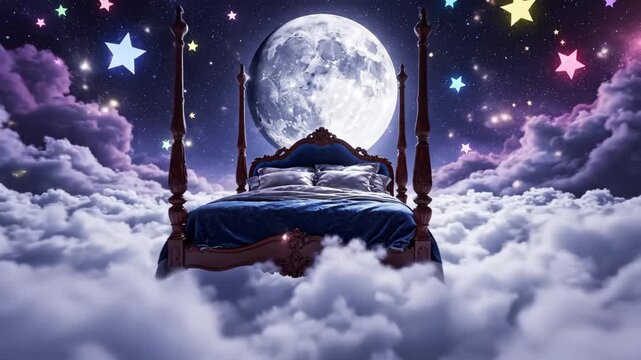Surreal Dream Bed in the Sky - A four-poster bed floats in a dreamlike sky surrounded by clouds and colorful stars. The scene is dominated by a large, bright full moon in the background.