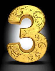 A golden three-dimensional digit "3" with ornate floral patterns. A focused spotlight shines on the number against a dark background