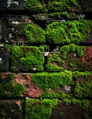 Close-up of moss covering aged brick wall