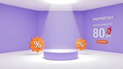 3d rendering of a purple sale promotion stage with spotlight and discount tags