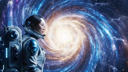 Astronaut Contemplating a Cosmic Vortex - An astronaut stands in deep contemplation before a stunning cosmic vortex, illuminated by vibrant colors of blue, purple, and gold. - Powered by Adobe
