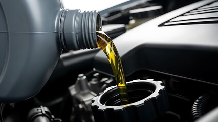 Pouring new motor oil into a car engine during an oil change service