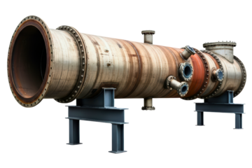 Large rusty industrial metal heat exchanger cylinder vessel on a transparent background