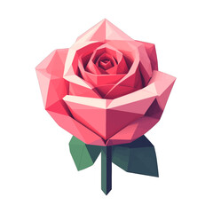 Pink Geometric Rose Flower With Green Stem And Leaves Low Poly Style