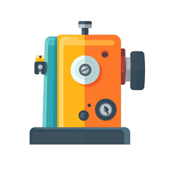 Retro orange and teal sewing machine with silver dials and dark base isolated on white background detailed illustration