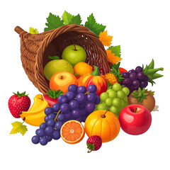 Abundant Cornucopia Overflowing With Assorted Fall Harvest Fruits And Vegetables In A Wicker Basket