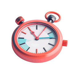 Close up of a Coral Colored Stopwatch with White Face and Red Hands on a White Background Showing Elapsed Time