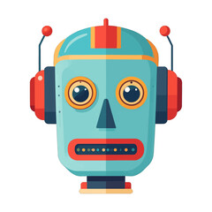Retro Robot Head With Antennae And Large Round Eyes In Blue And Orange Colors On White Background