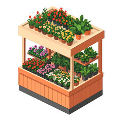 Pixel Art Flower Stand Displaying Assorted Blooming Plants and Greenery in Various Pots