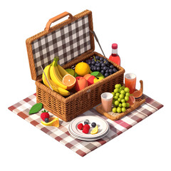 Abundant Wicker Picnic Basket Overflowing With Fresh Fruits and Refreshing Drinks Set on a Red and White Gingham Blanket Detailed Isolated Illustration