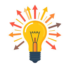 Bright Yellow Incandescent Light Bulb with Colorful Arrows Radiating Outward on a White Background Symbolizing Ideas and Innovation