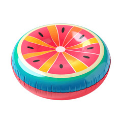 Inflatable Watermelon Slice Pool Float With Blue Base and Yellow Orange Stripes Summer Fun Object Isolated On White Background