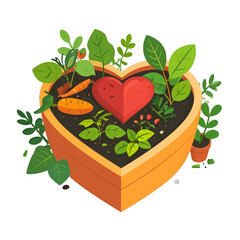 Heart Shaped Garden Box Overflowing With Lush Green Plants Carrots And A Red Heart Symbol Love For Gardening Agriculture Concept In Sunny Daylight
