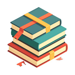 Stack of Three Colorful Books Tied Together With Ribbons and Bookmarks Isolated On White Background