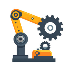 Industrial robotic arm with gears in a factory setting with yellow and gray colors representing automation and manufacturing technology