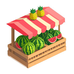 Isometric Pixel Art Fruit Stand Displaying Watermelons And Pineapples Under A Striped Awning With A Wooden Crate On A White Background