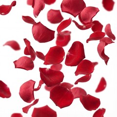 Falling red rose petals with realistic texture isolated on white background.