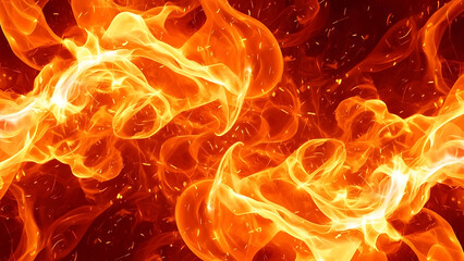 Vibrant orange and yellow flames with sparks against dark red background with fire hot burning