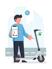 Man Unlocking Electric Scooter via Mobile App for Urban Travel