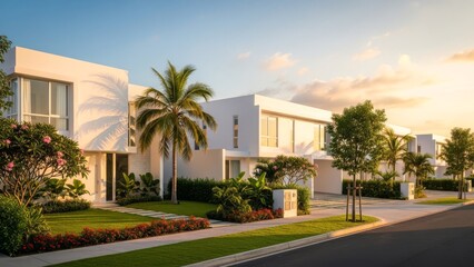 Fototapeta premium Luxury modern real estate homes in a sunny suburban neighborhood