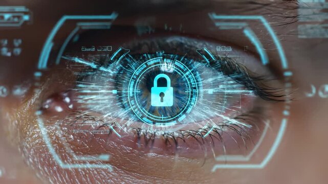 Futuristic Digital Eye Interface - This close-up video features a human eye integrated with a high-tech digital interface, displaying glowing graphics and data overlays.