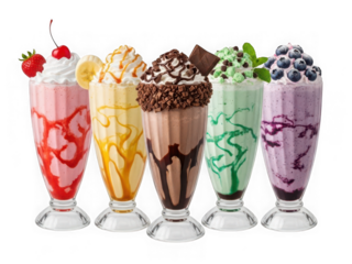 Assorted milkshakes with various toppings