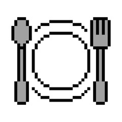 Pixel fork spoon plate icon vector for retro restaurant games and 8-bit dining interfaces. Symbolizes food, eating, and simple pixelated cutlery.