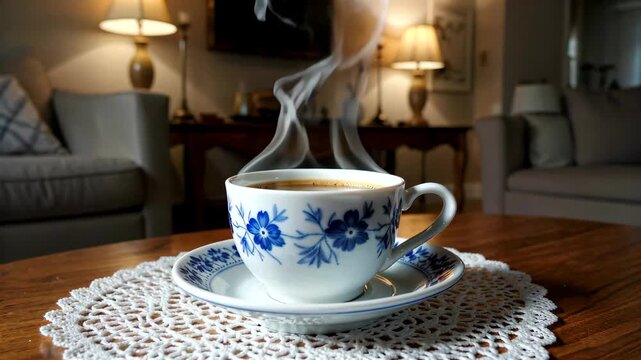 Close-up of hot drinks in blue and white porcelain cups on the table