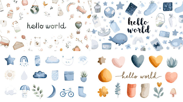 A soft watercolor baby themed collection with cute objects, hearts, stars, toys, and pastel elements surrounding the text hello world. Ideal for nursery decor and newborn designs.