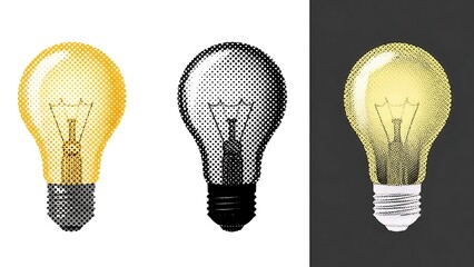 Set of three halftone light bulbs in different styles and backgrounds