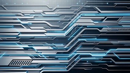 Futuristic circuit board with glowing blue neon lines and silver pathways on dark background