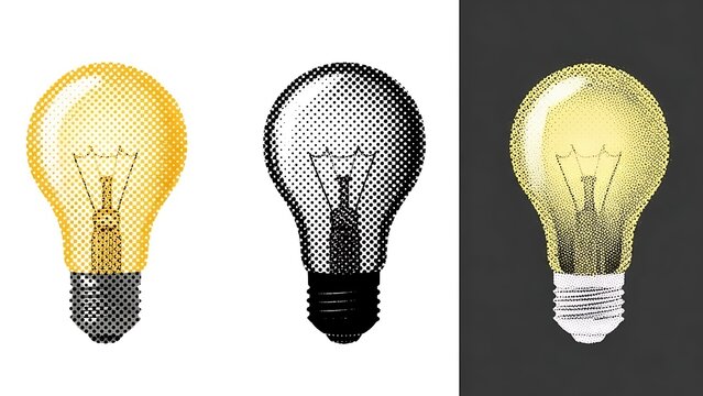 Set of three halftone light bulbs in different styles and backgrounds