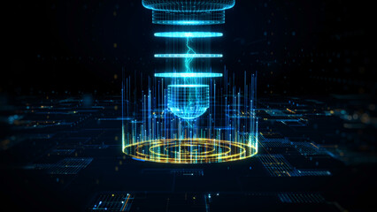 Holographic quantum processor core with futuristic data streams and digital circuits, ideal for AI, computing, and innovation themes. 3D Rendering