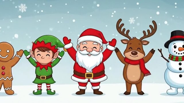 Cheerful cartoon Christmas characters Santa Claus an elf reindeer gingerbread man and snowman standing happily in a snowy winter wonderland
