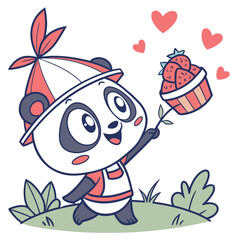 Happy panda holding strawberry cupcake with hearts