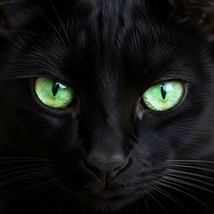 Striking  portrait of a dark feline displaying intense bright green eyes