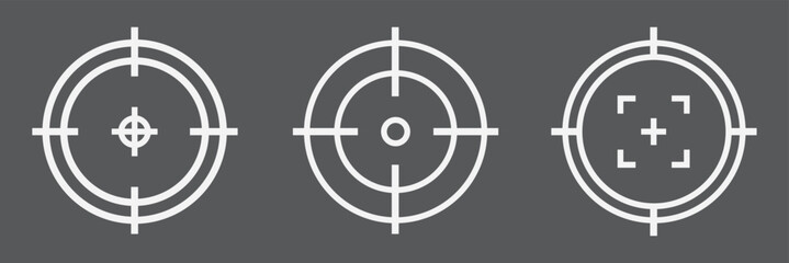 Set of Target Crosshair, gun sight vector icons. Bullseye, black and red target or aim symbol. Shooting mark sign. Archery, hunting and sports shooting. Game UI element. Isolated on white background.