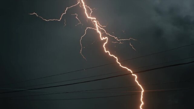 Powerful lightning bolt striking across a dark, stormy night sky over power lines.