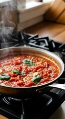 Rich, simmering tomato sauce with fresh basil and garlic cooks on a stovetop burner