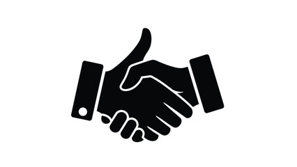 A simple black and white illustration depicting a friendly handshake between two hands