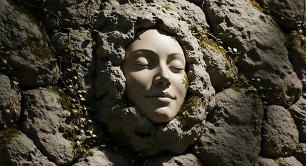 Serene human visage emerges from rough textured stone surface adorned with creeping vegetation