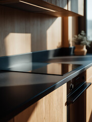 Modern Kitchen Interior with Black Countertop and Wood Accents: Minimalist Design Featuring Natural Light, Stylish Appliances, and Contemporary Home Decor
