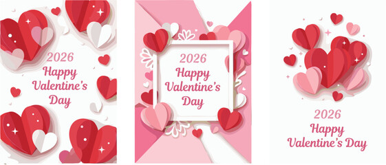 2026 Happy Valentine’s Day greeting card set with cute heart shapes romantic love design illustration templates for holiday celebration use © MdSakila