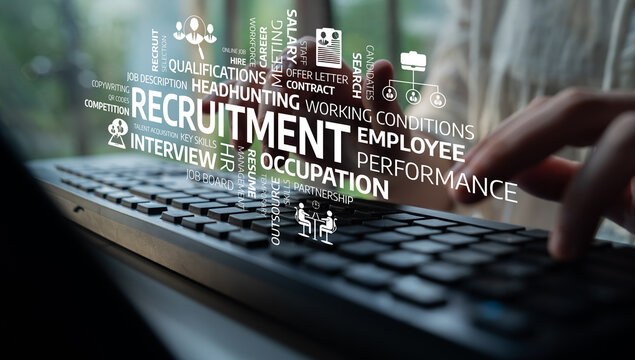Focus on keyboard typing illustrates the dynamic world of recruitment and hiring, emphasizing the importance of skills, qualifications, and job performance in modern employment settings. Tessel