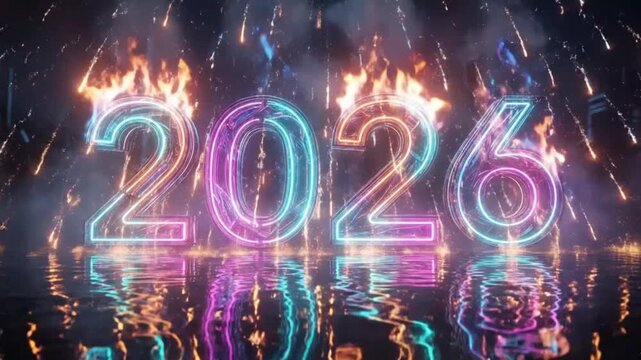 Happy New Year 2026 celebration with vibrant neon numerals fiery explosions and shimmering water reflections creating a futuristic party atmosphere