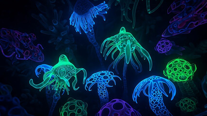 Glowing jellyfish in blue, green, and purple hues floating in dark water with bioluminescent underwater scene dark background