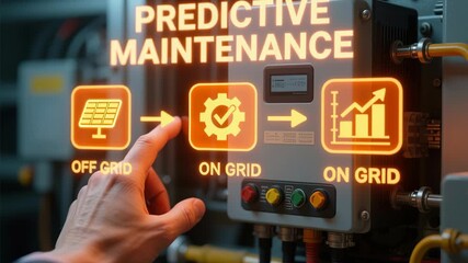 Predictive maintenance engineer. Predictive maintenance with hand interacting touchscreen control panel displaying off grid and grid icons for efficient industrial technology energy management system - Powered by Adobe