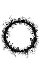 Dark circular frame composed of tangled bare branches adorned with various gravestones and an angel statue