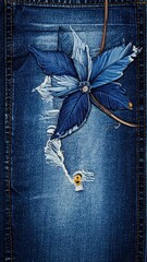 Denim background with artistic flower cutout and intricate stitching details